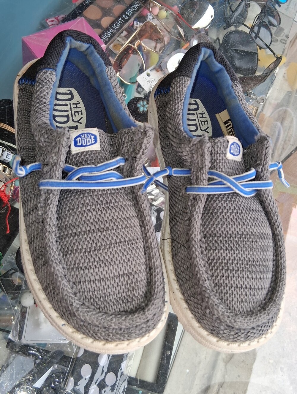 Hey Dude Gray Knit Slip-On Sneakers with Blue Trim